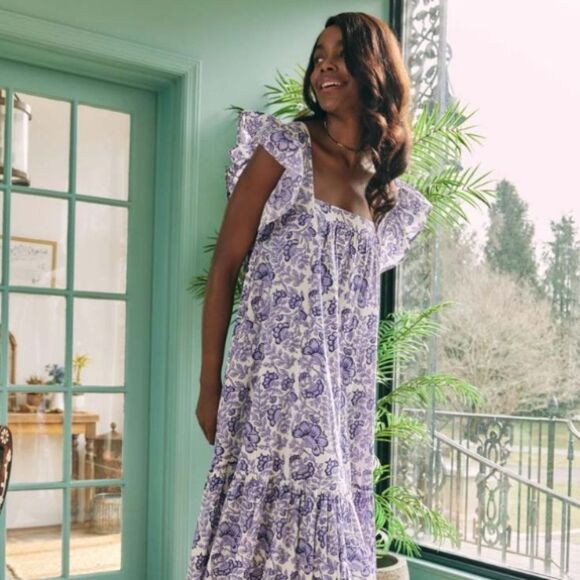 Ophelia and Indigo Floral Blue Flutter Sleeve Tiered Maxi Dress M - Picture 8 of 9